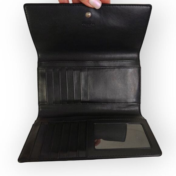 COACH CC LOGO CANVAS BLACK GENUINE LEATHER LONG WALLET PURSE CLUTCH - Picture 6 of 7